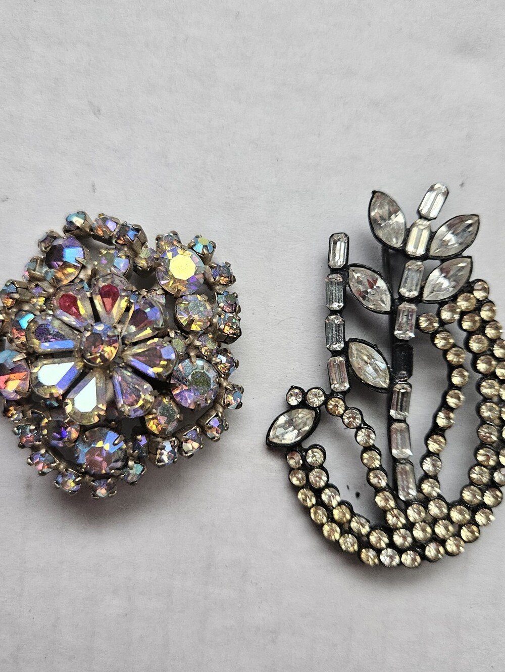 Aurora Crystal Cluster Brooch and Clear Rhinestone Leaf Pin - Two-Piece Set